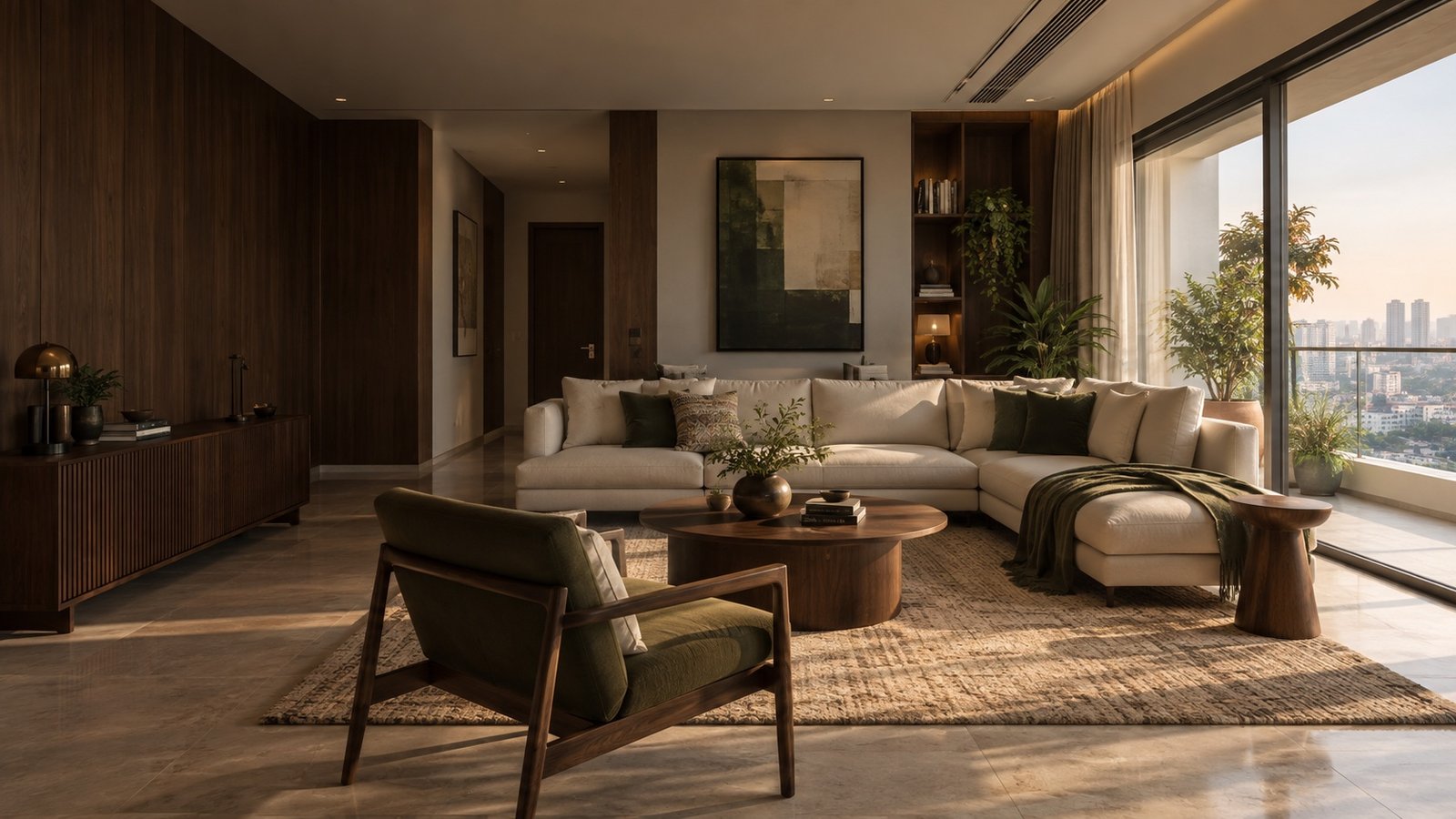 A considered living room with warm walnut finishes and layered natural textures