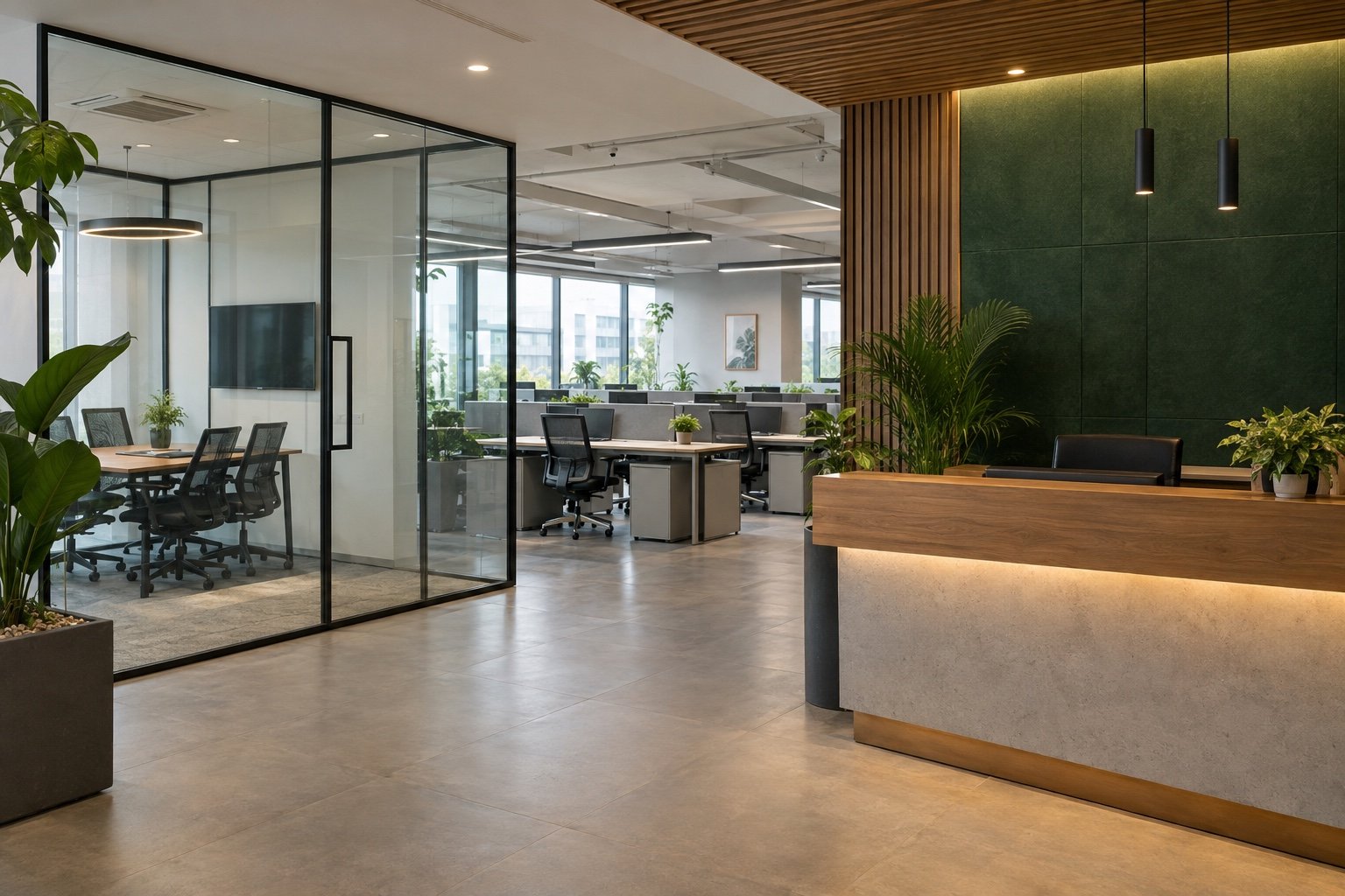 Contemporary office concept with natural materials and thoughtful workspace planning